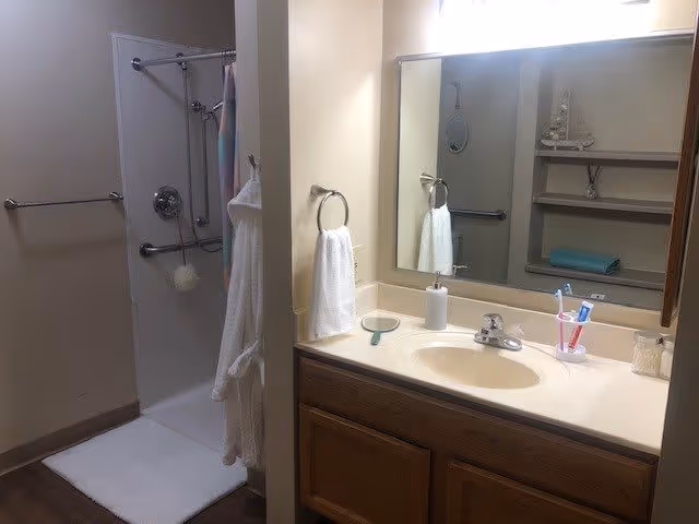 Bathroom with a shower area featuring grab bars and a white bathrobe hanging on the wall. A white bath mat is placed on the floor in front of the shower. The vanity has a sink with a soap dispenser, toothbrush holder with toothbrushes, a small hand mirror, and a towel ring with a white hand towel. A large mirror is mounted above the sink, reflecting shelves with decorative items and a folded towel.