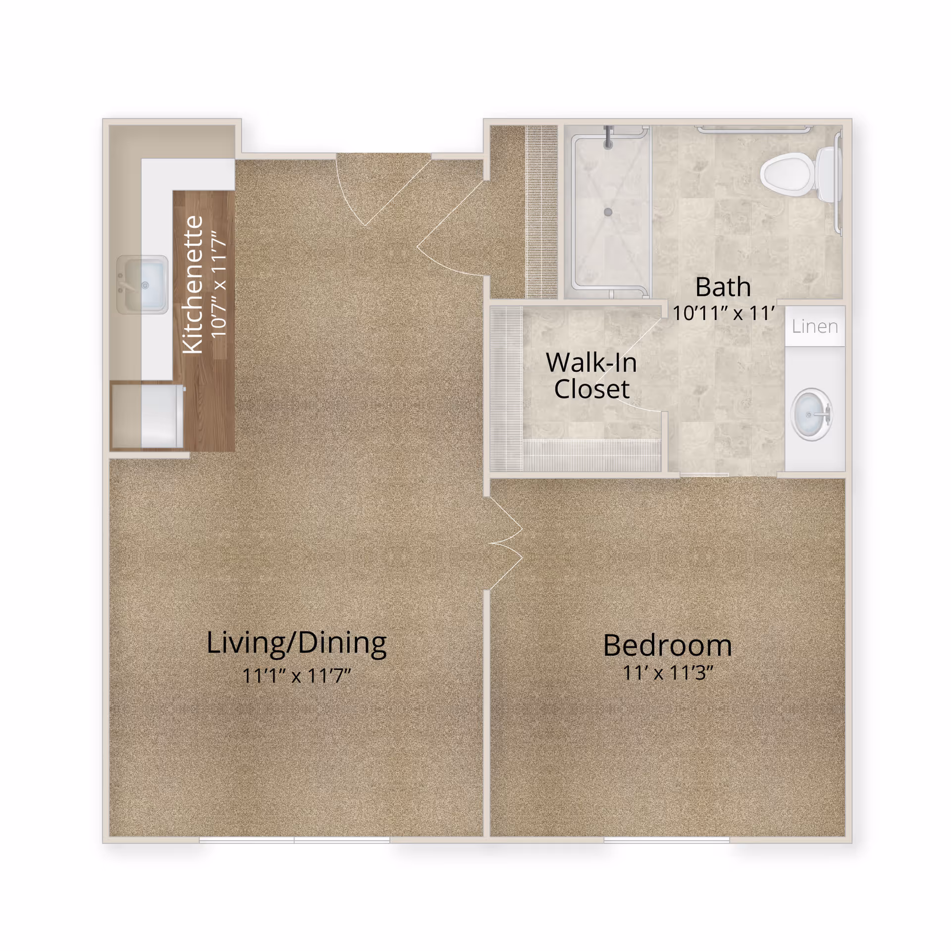 Floor plan of an assisted living apartment showing a kitchenette, living/dining area, bedroom, walk-in closet, and bathroom with linen closet.