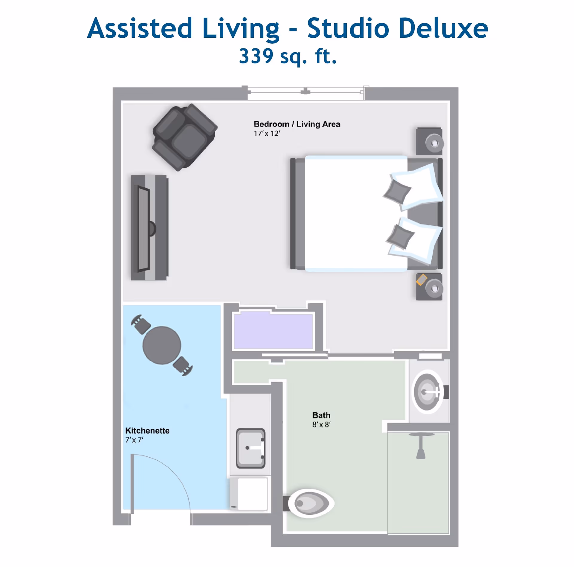 Floor plan of an assisted living studio deluxe apartment measuring 339 square feet. The layout includes a bedroom/living area with a bed, armchair, and TV, a kitchenette with a small table and two chairs, and a bathroom with a toilet, sink, and shower.
