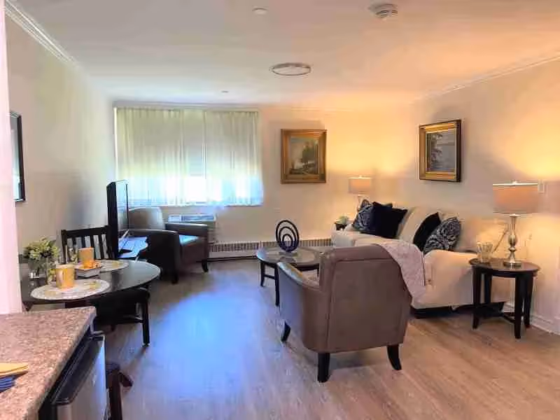 Well-lit living room with a sofa, armchairs, coffee table, small dining table and TV by a curtained window.
