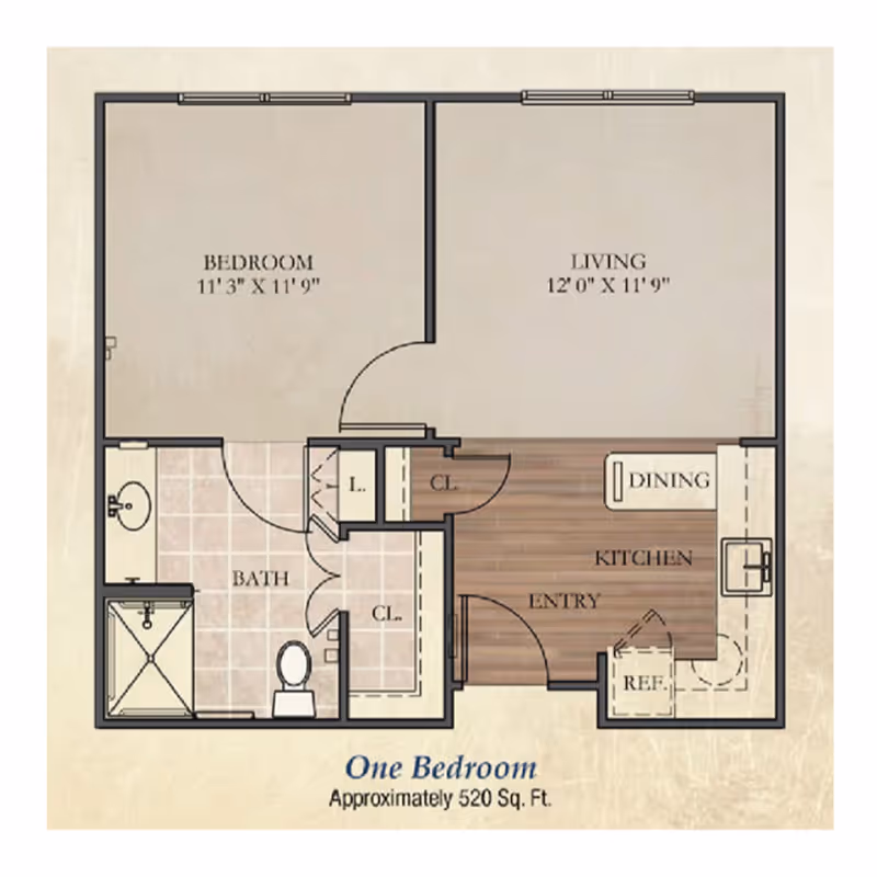 Floor plan of a one-bedroom apartment showing bedroom, living room, kitchen/dining, bathroom, closets and entry, approximately 520 sq. ft.