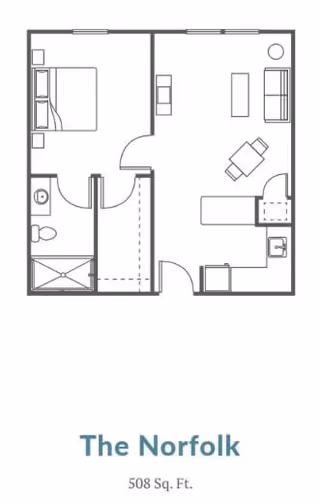 Floor plan of The Norfolk apartment layout showing a bedroom with a bed, a bathroom with a toilet and shower, a living room with sofa and table, and a kitchen area with appliances. The total area is 508 square feet.
