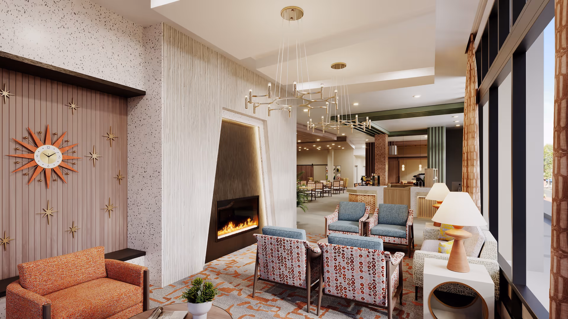 A modern and cozy living room area with a fireplace, multiple armchairs and sofas arranged around a coffee table, a decorative wall clock, and large windows with curtains letting in natural light. The space features warm lighting fixtures and a patterned carpet.