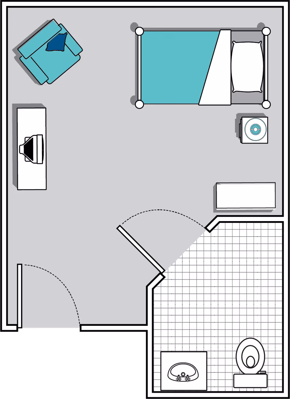 Floor plan of a small living space with a bedroom area containing a bed, nightstand, armchair, and dresser, and an adjacent bathroom with a sink and toilet.
