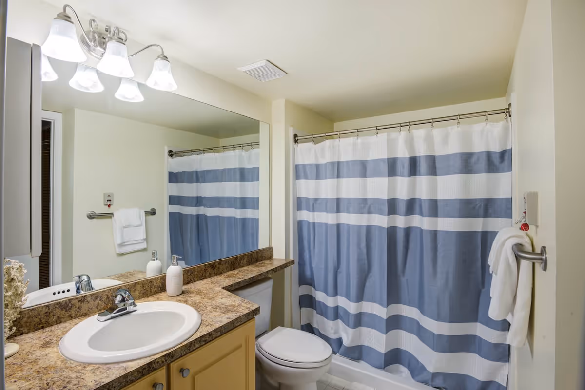 A bathroom with a large mirror above a countertop with a sink, soap dispenser, and lotion bottle. There is a toilet next to the counter and a bathtub with a blue and white striped shower curtain. A towel hangs on a rack on the wall.