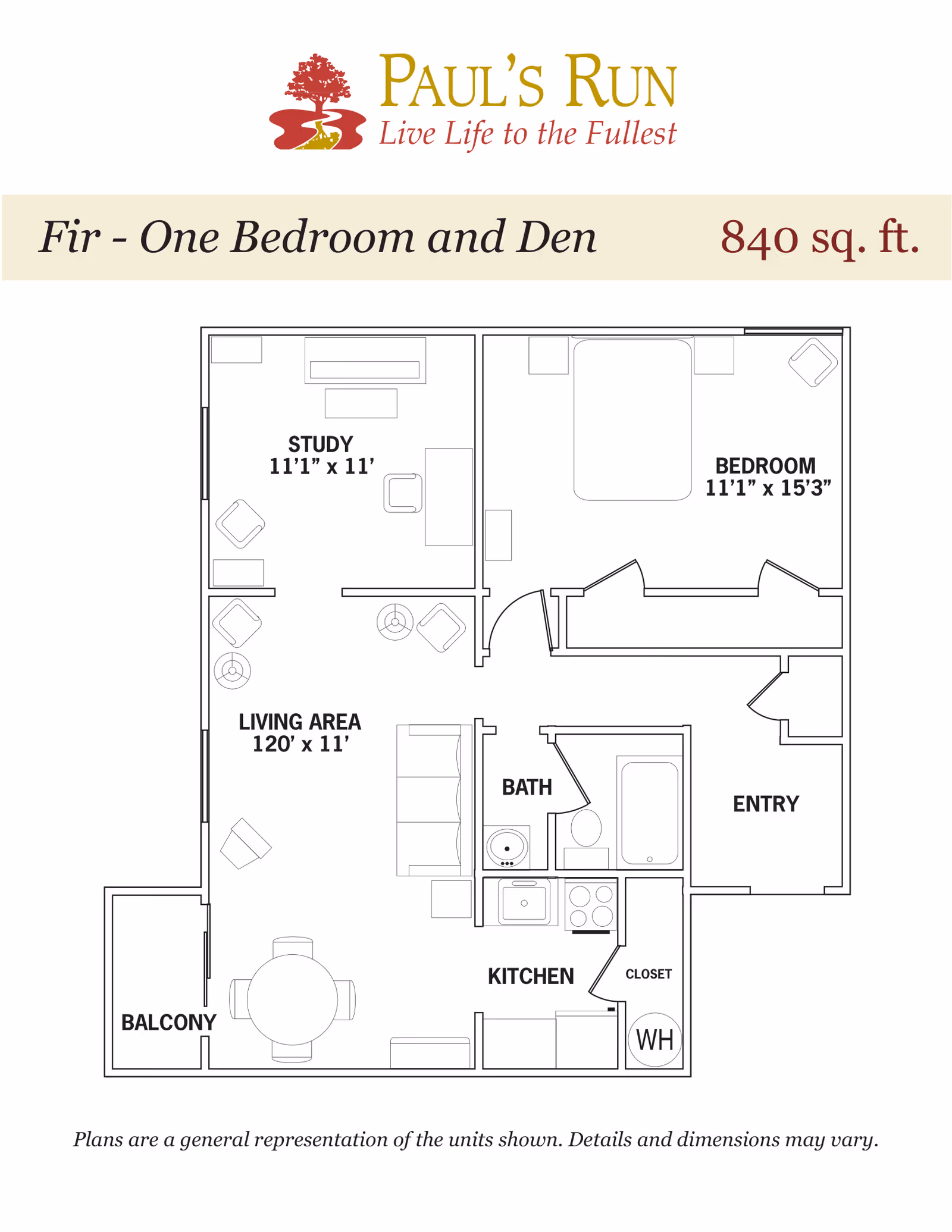 Floor plan of Paul's Run Fir unit showing one bedroom and den with a total area of 840 square feet. The layout includes a study measuring 11 feet 1 inch by 11 feet, a bedroom measuring 11 feet 1 inch by 15 feet 3 inches, a living area measuring 12 feet by 11 feet, a kitchen, a bathroom, an entryway, a closet, a water heater (WH) area, and a balcony. The plan includes furniture placement such as a bed, sofa, chairs, dining table, and kitchen appliances.