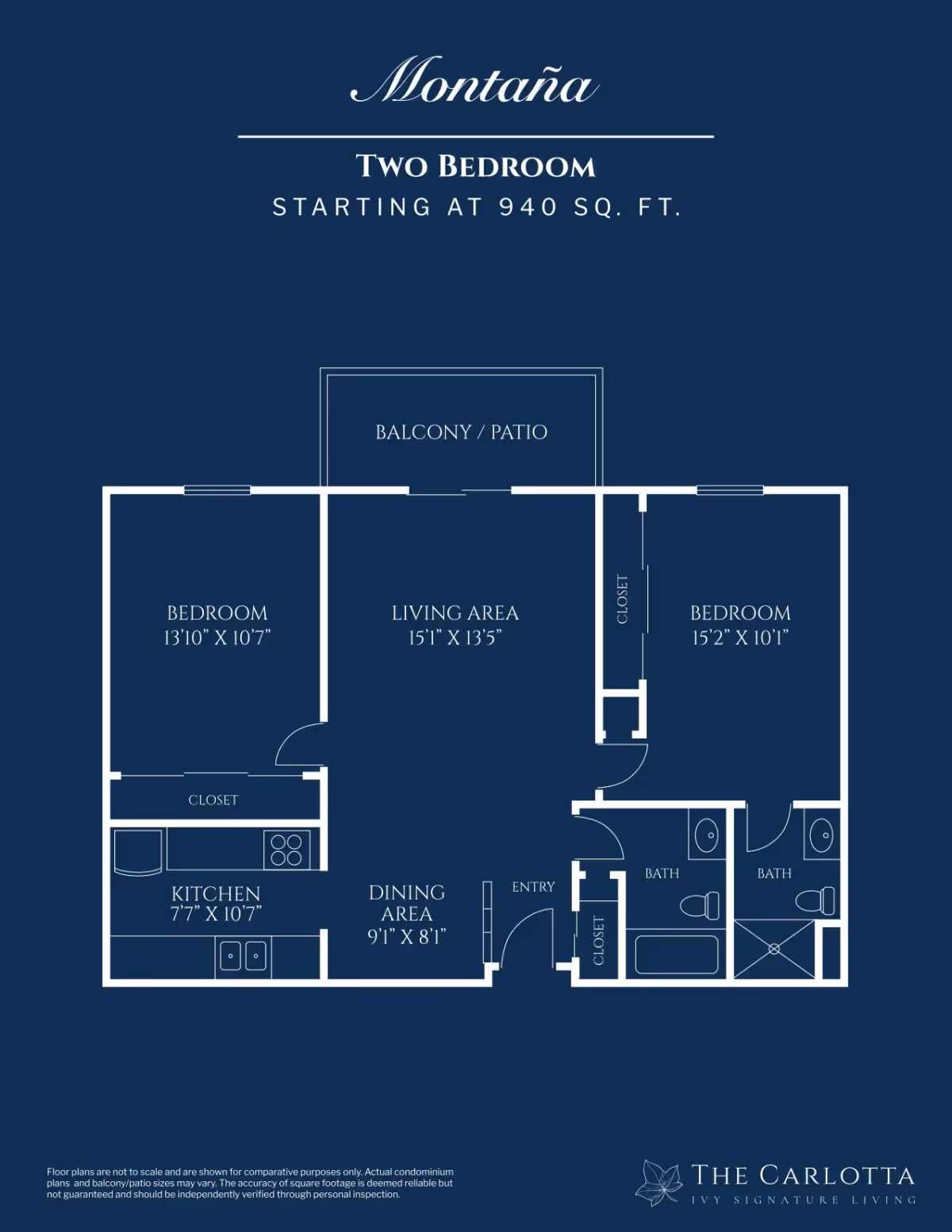 Blueprint-style floor plan of a two-bedroom apartment showing labeled rooms, balcony/patio and measurements.
