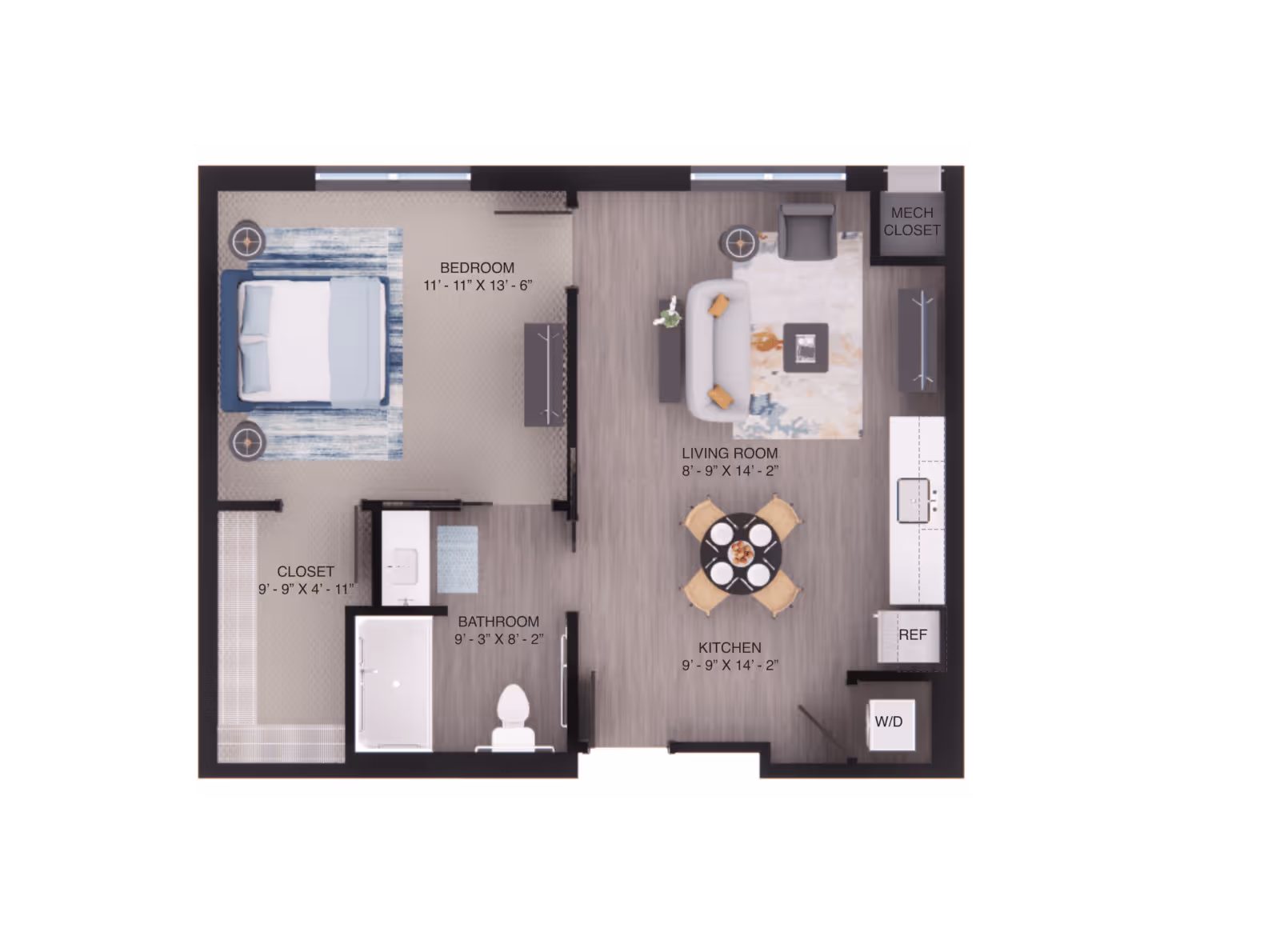 Floor plan of a senior living apartment showing a bedroom with a bed and two side tables, a closet, a bathroom with a bathtub and toilet, a living room with a sofa, armchair, coffee table, and TV, and a kitchen area with a dining table, chairs, refrigerator, and washer/dryer unit.
