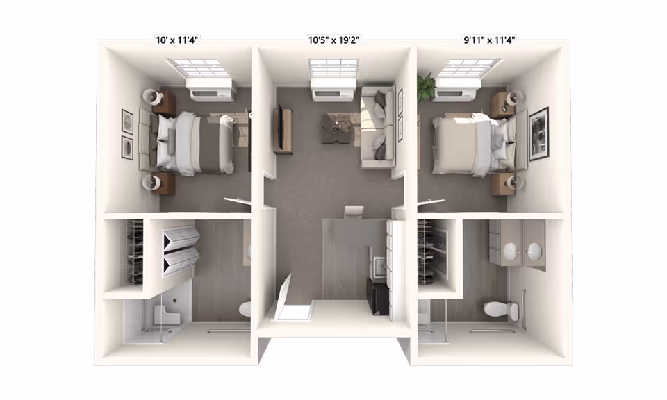3D floor plan of an apartment unit with two bedrooms, two bathrooms, a living room, and a kitchen. The left bedroom measures 10 feet by 11 feet 4 inches and includes a bed, two nightstands, and a closet. The right bedroom measures 9 feet 11 inches by 11 feet 4 inches and includes a bed, two nightstands, a closet, and an attached bathroom with double sinks and a toilet. The living room in the center measures 10 feet 5 inches by 19 feet 2 inches and features a sofa, coffee table, and TV stand. The kitchen is adjacent to the living room with a counter, sink, and appliances. Both bathrooms have showers and toilets. The flooring varies between carpet in the living and bedroom areas and wood in the kitchen and bathrooms.