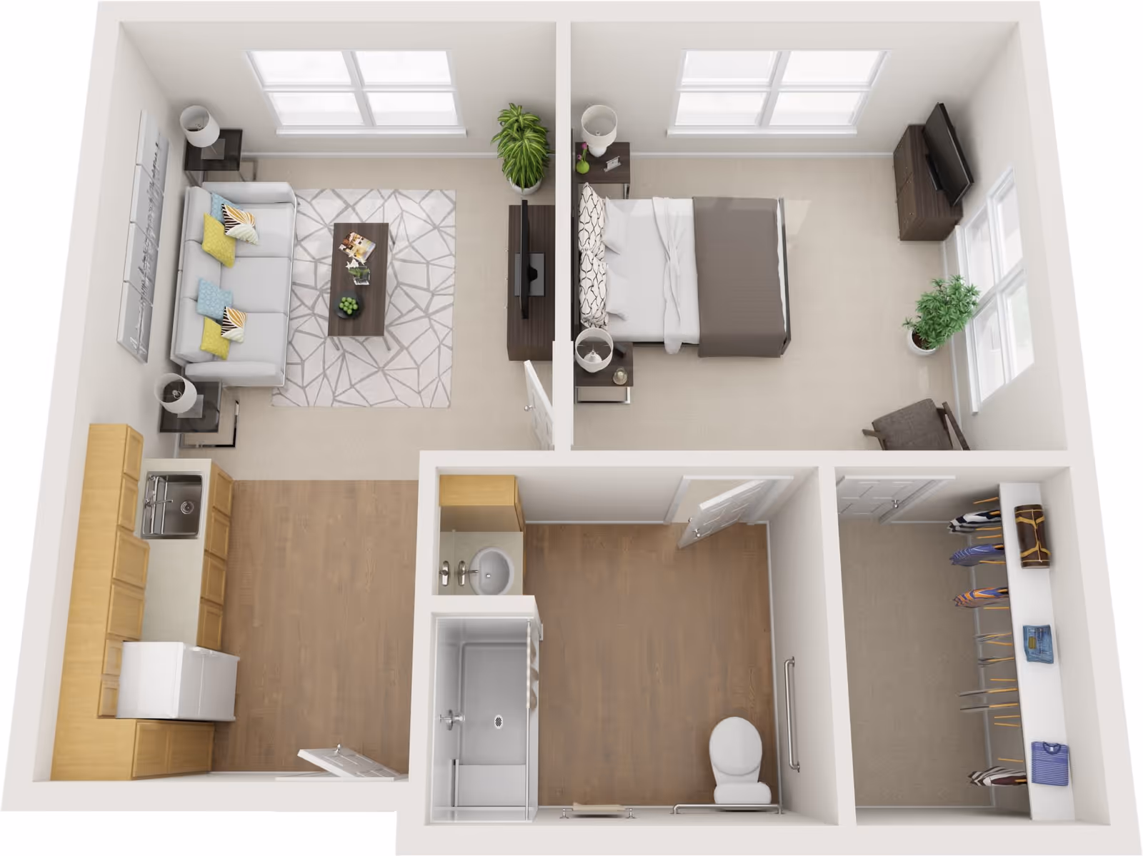 3D floor plan of a small apartment unit showing a living room with a sofa, coffee table, and TV, a bedroom with a bed and TV, a kitchen with cabinets, sink, and refrigerator, a bathroom with a toilet, sink, and shower, and a walk-in closet with hanging clothes.