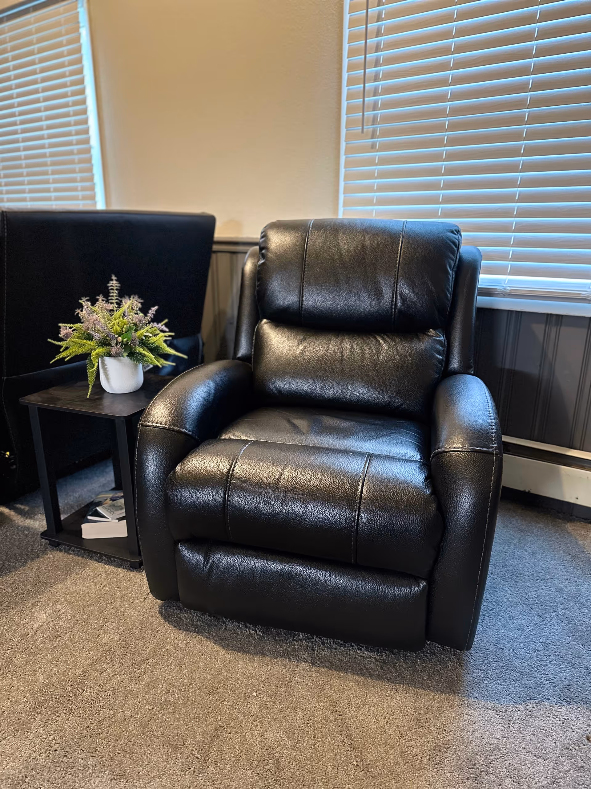 A black leather recliner chair positioned on a carpeted floor next to a small black side table with a white pot containing green and purple artificial plants. Behind the chair are two windows with white blinds partially closed, and a beige wall with dark wainscoting.