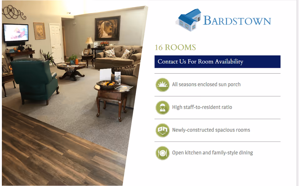A furnished assisted-living lounge with sofas, armchairs and coffee tables beside a brochure panel reading "Bardstown" and facility features.
