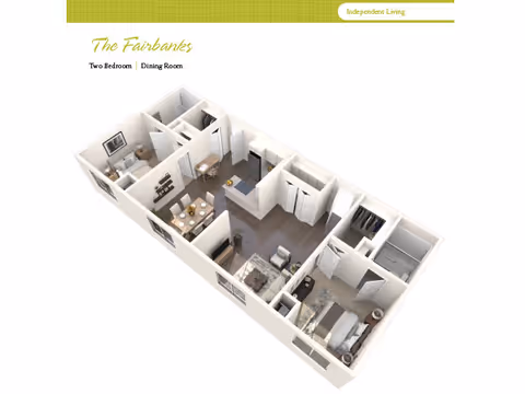 3D floor plan of The Fairbanks two-bedroom apartment with dining room at Westminster Village Terre Haute, showing layout with living area, kitchen, dining area, two bedrooms, and bathroom.