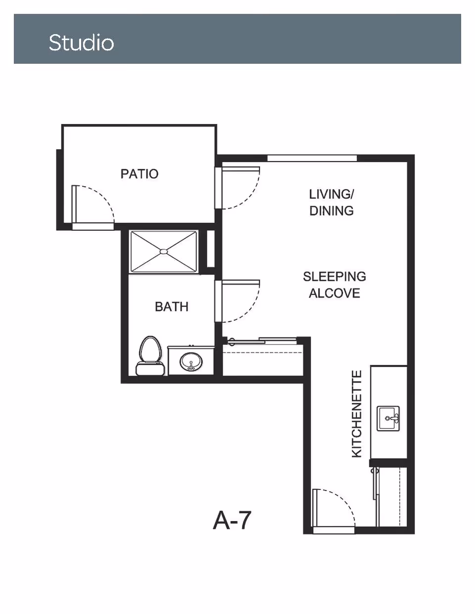 Floor plan of a studio apartment labeled A-7 showing a patio, bath with toilet and sink, living/dining area, sleeping alcove, and kitchenette.