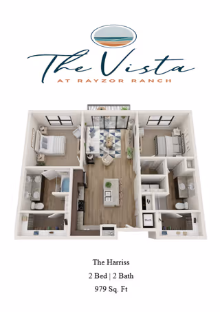 3D floor plan of The Harriss apartment at The Vista at Rayzor Ranch showing a 2 bedroom, 2 bathroom layout with a central living room, kitchen with island, and two bedrooms each with an attached bathroom.
