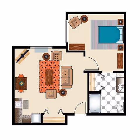 Floor plan of a one-bedroom apartment featuring a living room with sofa, armchairs, coffee table, and TV, a kitchen area with sink and dining table with chairs, a bedroom with a bed, side tables, and a chair, and a bathroom with a bathtub, toilet, and sink.