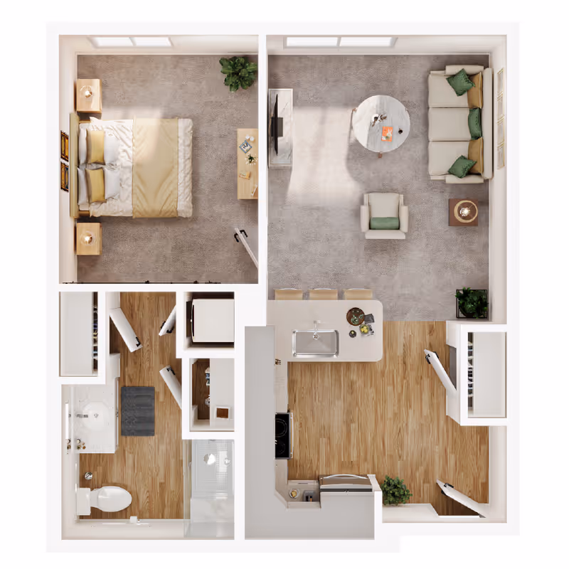 Top-down view of a one-bedroom apartment floor plan featuring a bedroom with a bed and nightstands, a living room with a sofa, armchair, coffee table, and TV, a kitchen with an island and three bar stools, and a bathroom with a toilet, sink, and shower. The flooring varies between carpet and wood.