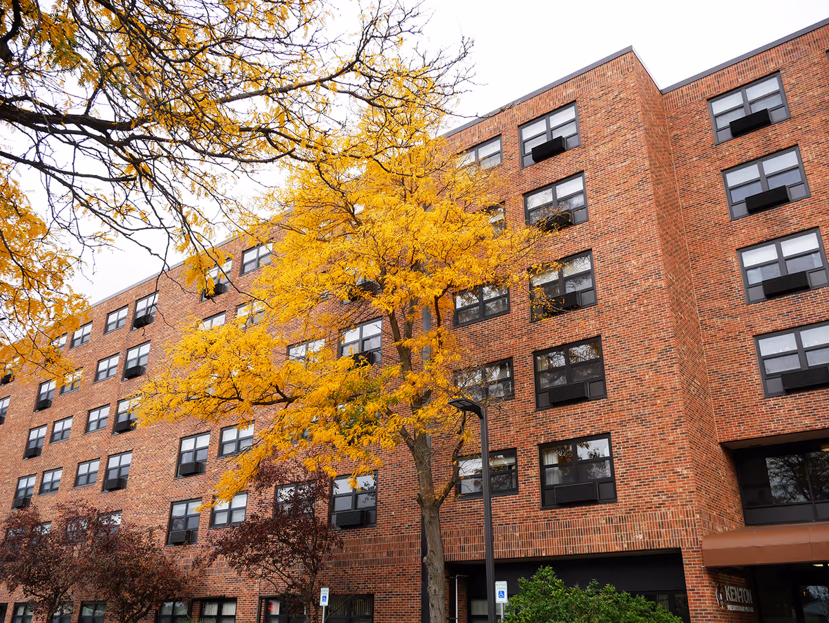Exterior view of a multi-story brick building with numerous windows, surrounded by trees with yellow autumn leaves.