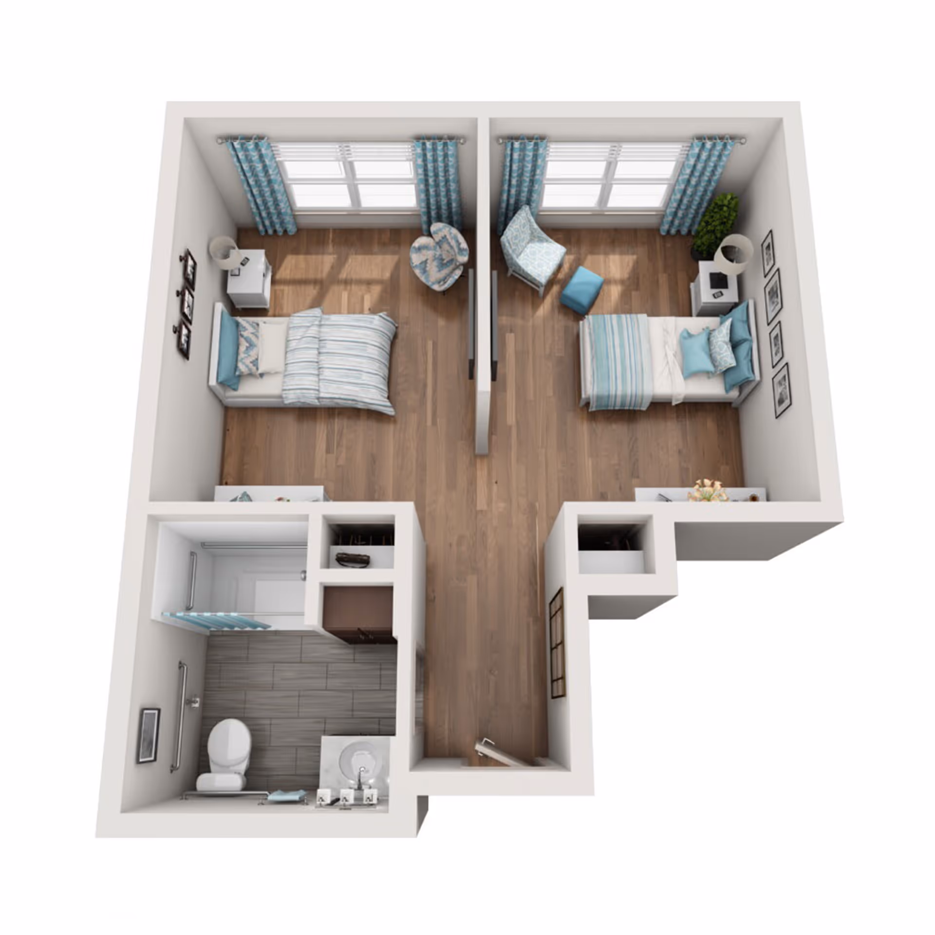 3D floor plan of a senior living unit with two bedrooms separated by a partial wall, each bedroom furnished with a bed, nightstand, chair, and window with blue curtains. The unit also includes a bathroom with a toilet, sink, and shower.
