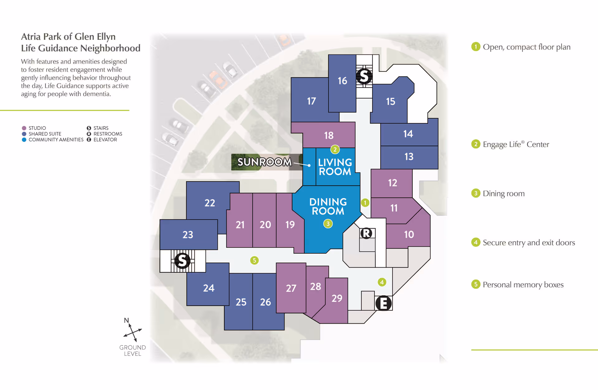 Floor plan of Atria Park of Glen Ellyn Life Guidance Neighborhood showing studio and shared suite rooms, community amenities including a living room, dining room, sunroom, stairs, restrooms, and elevator. The plan highlights features such as an open compact floor plan, Engage Life Center, dining room, secure entry and exit doors, and personal memory boxes.