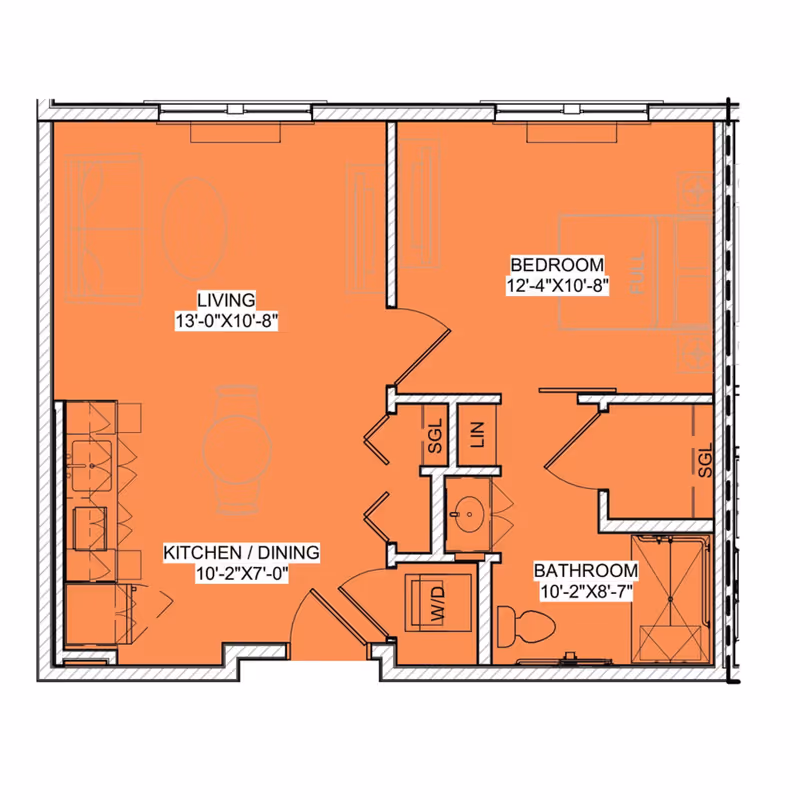 Floor plan of a one-bedroom apartment at The Residence at Charles Meadow, showing a living room, kitchen/dining area, bedroom, bathroom, and closets including washer/dryer and linen storage.