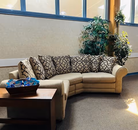 A beige sectional sofa with patterned cushions is placed in a well-lit room with large windows. Next to the sofa is a wooden side table holding a basket filled with snack packs. There are two green potted plants behind the sofa, and sunlight is streaming in through the windows.
