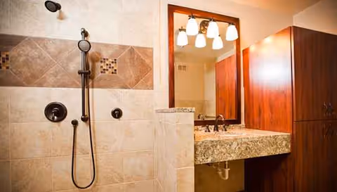 ADA-style bathroom with a tiled shower, sink, mirror, and wooden cabinet.