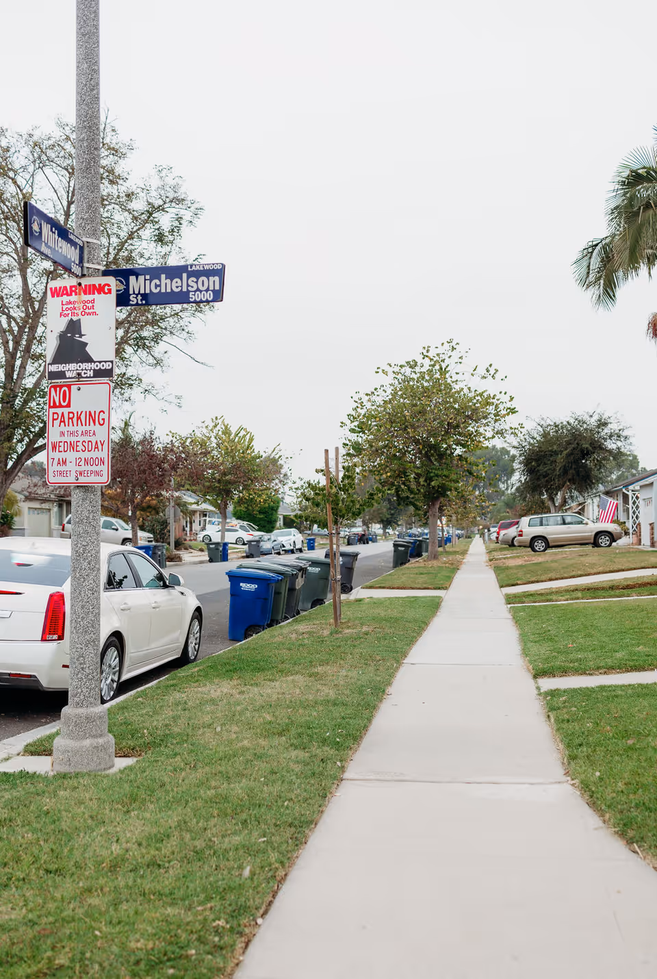 A suburban street view showing a sidewalk lined with grass and small trees. There are parked cars along the street and several trash and recycling bins near the curb. Street signs indicate the intersection of Whitewood and Michelson St. The sky is overcast.