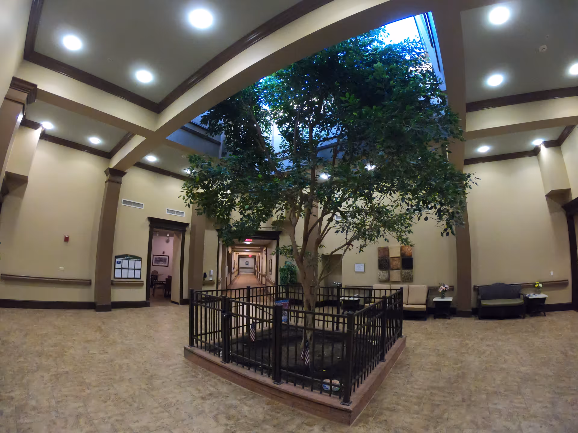 Spacious indoor atrium lobby with a central fenced tree beneath a skylight and seating along the walls.