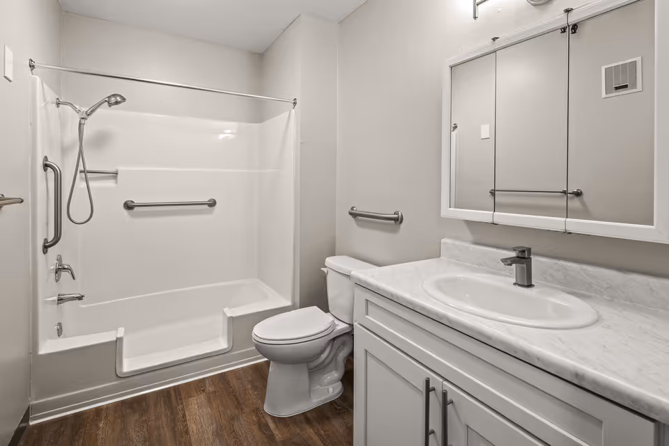 A clean and modern bathroom featuring a white bathtub with a built-in seat and grab bars, a handheld showerhead, a white toilet, and a white vanity with a marble countertop and an oval sink. Above the sink is a mirrored medicine cabinet. The floor has wood-like vinyl flooring and the walls are painted light gray.