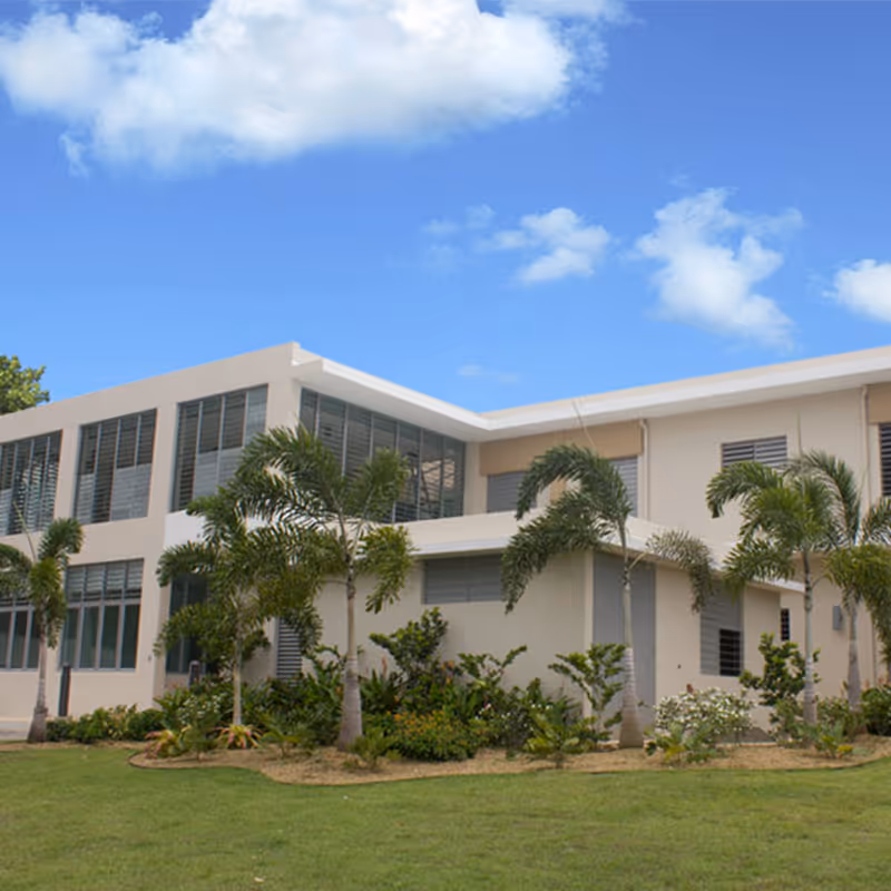 Two-story cream-colored building with palm trees and landscaped lawn under a blue sky.