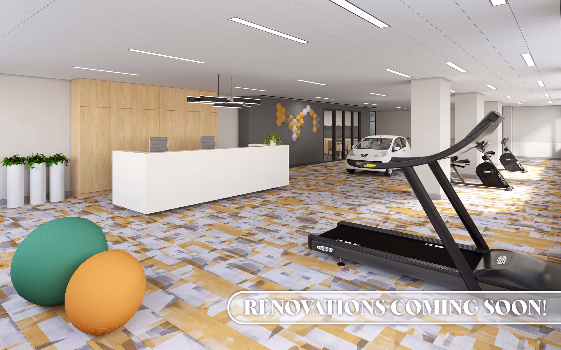Interior view of a rehabilitation and healthcare center featuring a reception desk with two chairs, exercise equipment including a treadmill and stationary bikes, two large exercise balls on the floor, potted plants, and a small white car parked inside. The floor has a patterned design and there is a modern light fixture above the reception desk. A sign in the image reads 'RENOVATIONS COMING SOON!'
