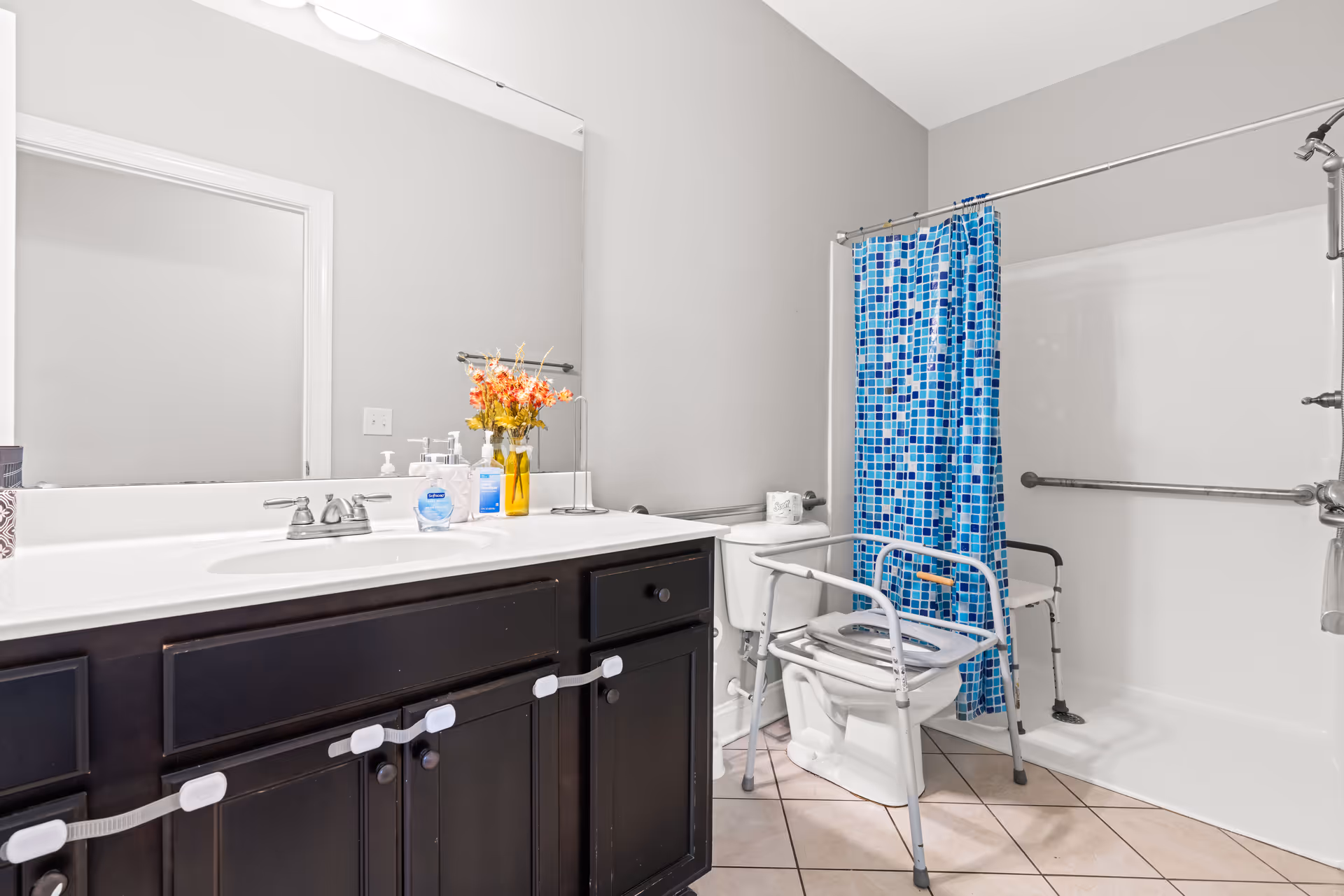 Accessible assisted-living bathroom with a sink and large mirror, a toilet fitted with a transfer frame, grab bars, and a shower with a blue patterned curtain.