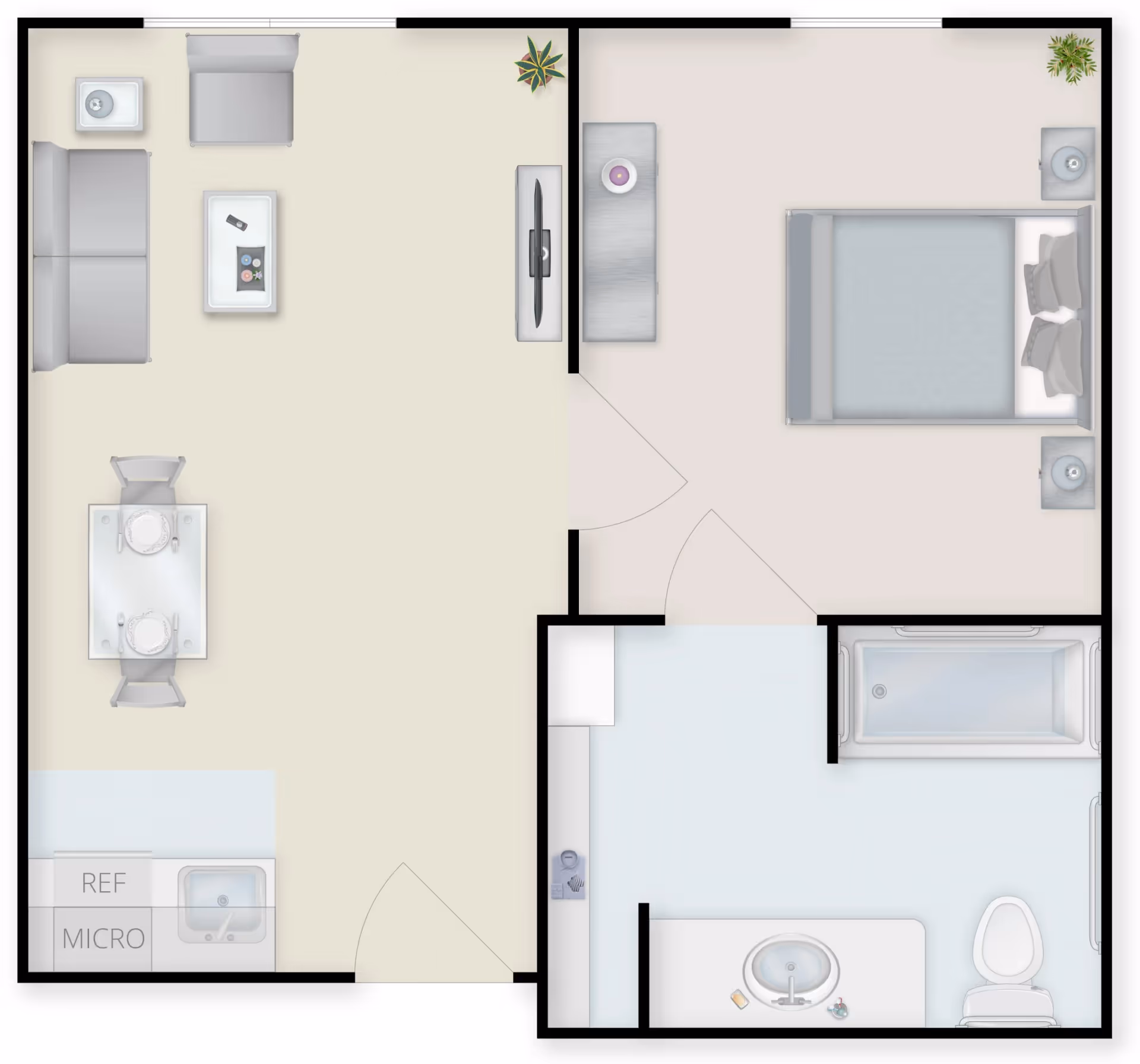 Floor plan of a senior living apartment showing a living room with sofa, armchair, coffee table, dining table with two chairs, and a kitchen area with refrigerator, microwave, and sink. Adjacent to the living room is a bedroom with a bed, two nightstands with lamps, and a dresser. Next to the bedroom is a bathroom with a bathtub, toilet, and sink.
