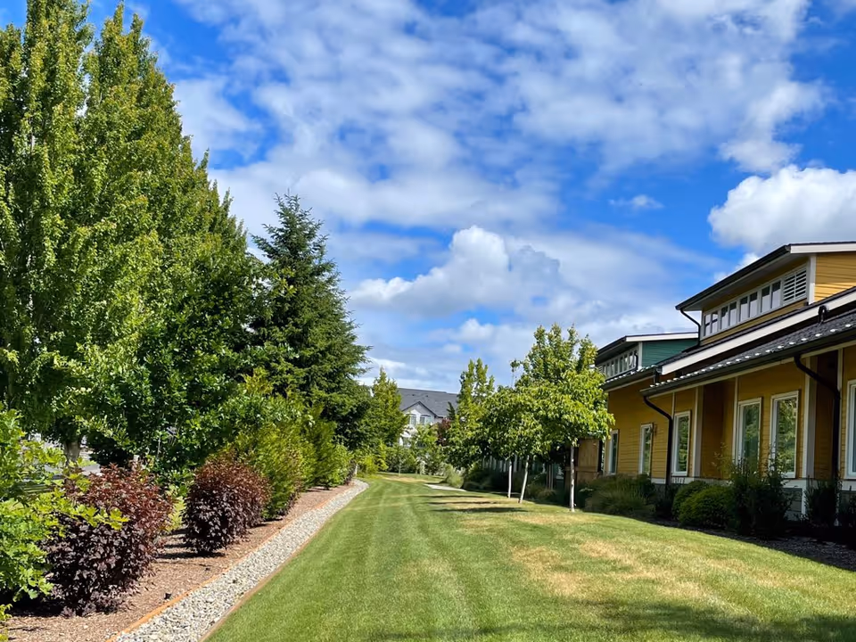 A well-maintained grassy pathway lined with various trees and shrubs on the left side and a yellow building with multiple windows on the right side under a partly cloudy blue sky.
