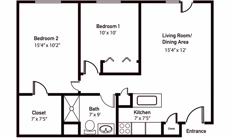 Floor plan of a living space at Brookstone Estates of Effingham showing two bedrooms, a living room/dining area, a kitchen, a bathroom, and two closets. Bedroom 1 measures 10 feet by 10 feet, Bedroom 2 measures 15 feet 4 inches by 10 feet 2 inches, the living room/dining area is 15 feet 4 inches by 12 feet, the kitchen is 7 feet by 7 feet 5 inches, the bathroom is 7 feet by 9 feet, and one closet is 7 feet by 7 feet 5 inches. The entrance is located near the kitchen and living room/dining area.