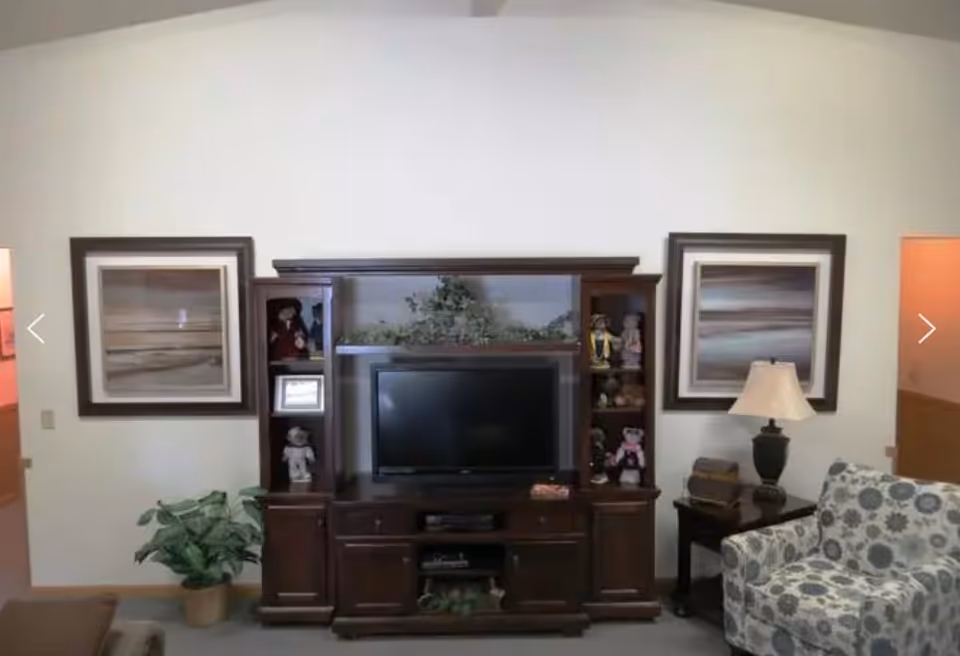 A living room area with a dark wooden entertainment center holding a flat-screen TV, decorative plants, and figurines. On either side of the entertainment center are framed abstract paintings. To the right is a patterned armchair next to a small side table with a lamp and decorative items. The walls are light-colored and the room has a cozy, homey feel.