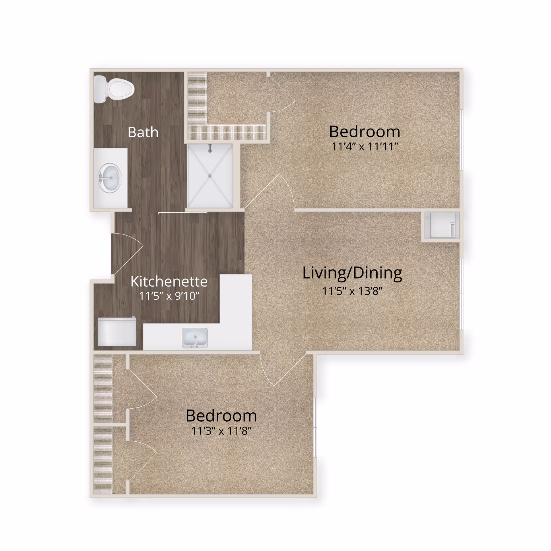 Floor plan of an apartment unit at Élan Westpointe at New Braunfels showing two bedrooms, a living/dining area, a kitchenette, and a bathroom. Dimensions are provided for each room.