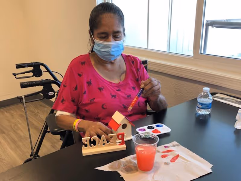 A woman wearing a pink shirt with black cat prints and a blue face mask is sitting at a table painting a small wooden birdhouse. In front of her is a wooden decoration spelling the word 'PEACE'. On the table are paint containers, a cup with red paint, a paper towel with paint marks, and a water bottle. A walker is positioned next to her chair, and a window is visible in the background.