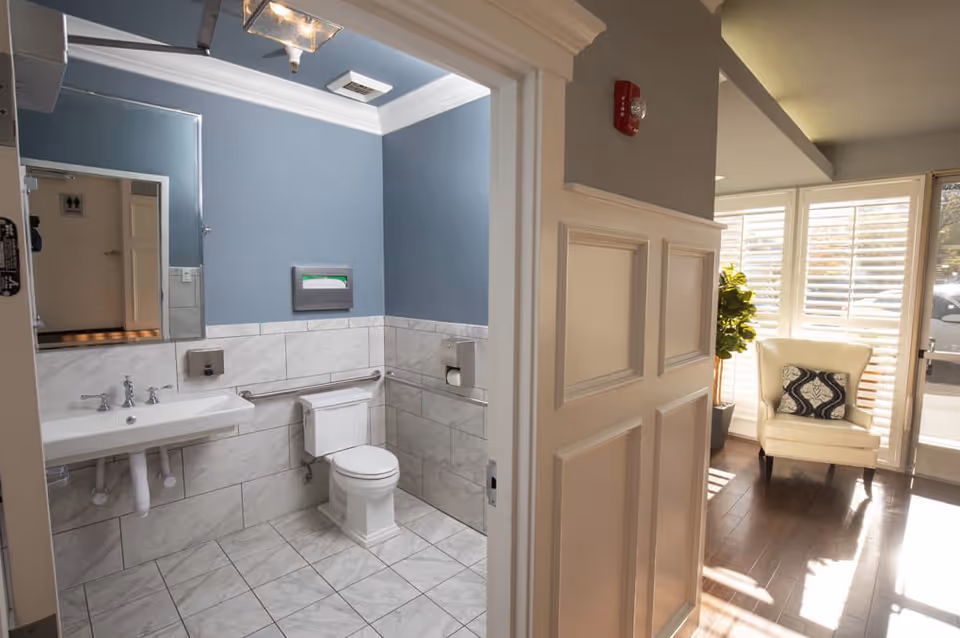 Accessible bathroom with a sink, toilet and grab bars against blue walls, visible next to a sunlit seating area with an armchair.