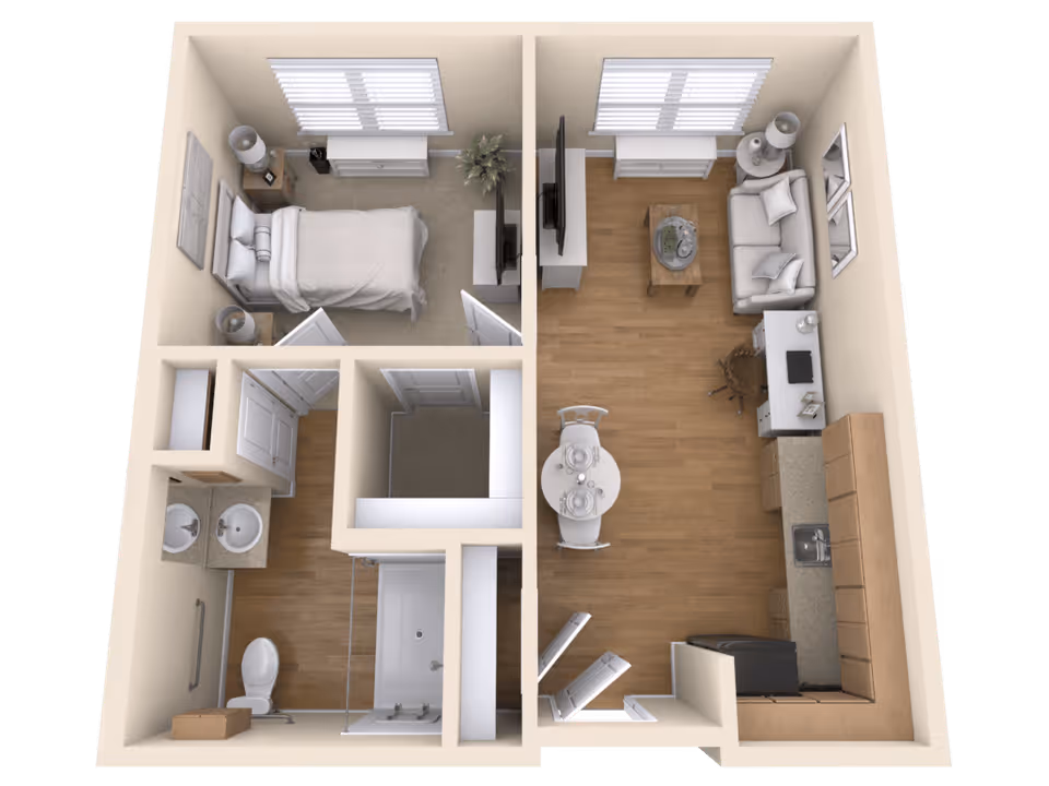 3D floor plan of a small apartment unit showing a bedroom with a bed, nightstands, and a TV, a bathroom with a toilet, sink, and shower, and an open living area with a sofa, coffee table, TV, dining table with chairs, and a kitchen with cabinets and appliances.