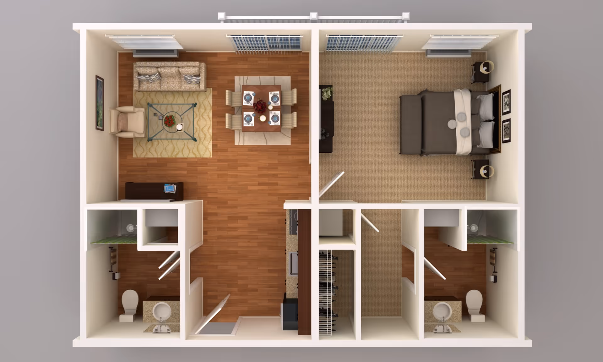 Top-down view of a senior living apartment floor plan showing a living room with sofa, armchair, coffee table, and dining table with four place settings; a kitchen area with appliances; a bedroom with a bed and nightstands; two bathrooms each with a toilet, sink, and shower; and closets.