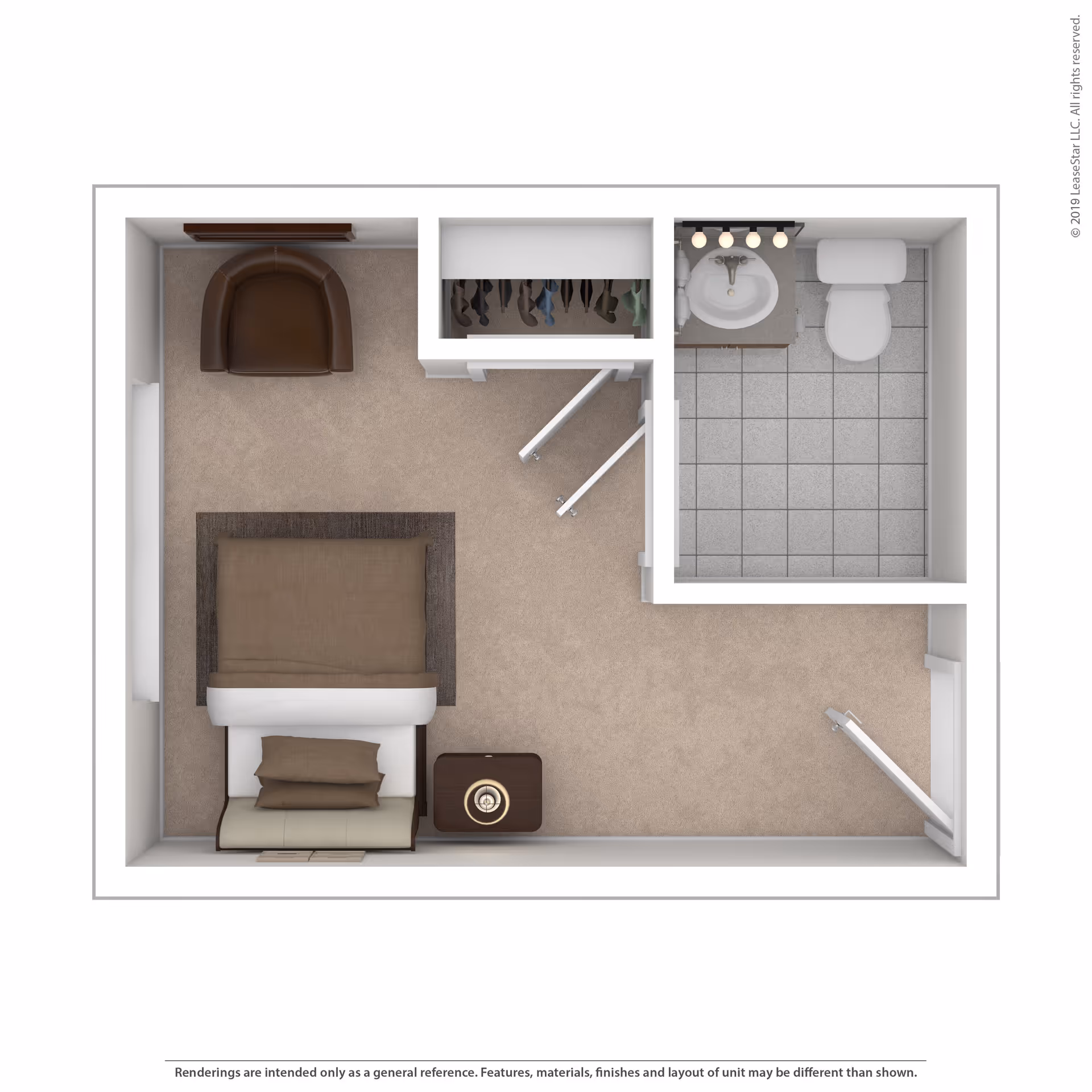 Top-down view of a small apartment floor plan featuring a bedroom area with a bed, nightstand with a lamp, armchair, and a closet. Adjacent to the bedroom is a bathroom with a sink, toilet, and tiled floor.