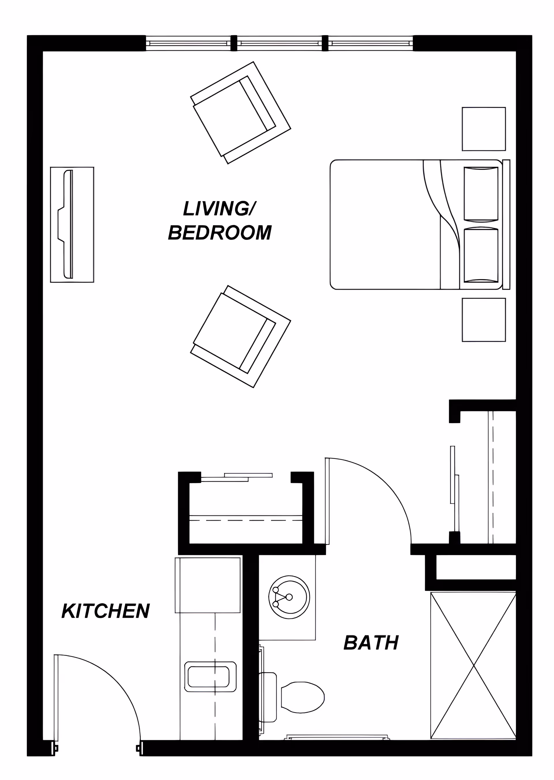 Architectural floor plan of a small living space labeled Avamere at Newberg, showing a combined living and bedroom area with a bed, two chairs, a TV, a kitchen area with a sink and stove, and a bathroom with a sink, toilet, and shower.