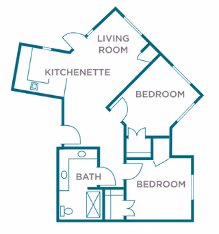Floor plan layout of a senior living unit at The Enclave of East Louisville showing a living room, kitchenette, two bedrooms, and a bathroom.