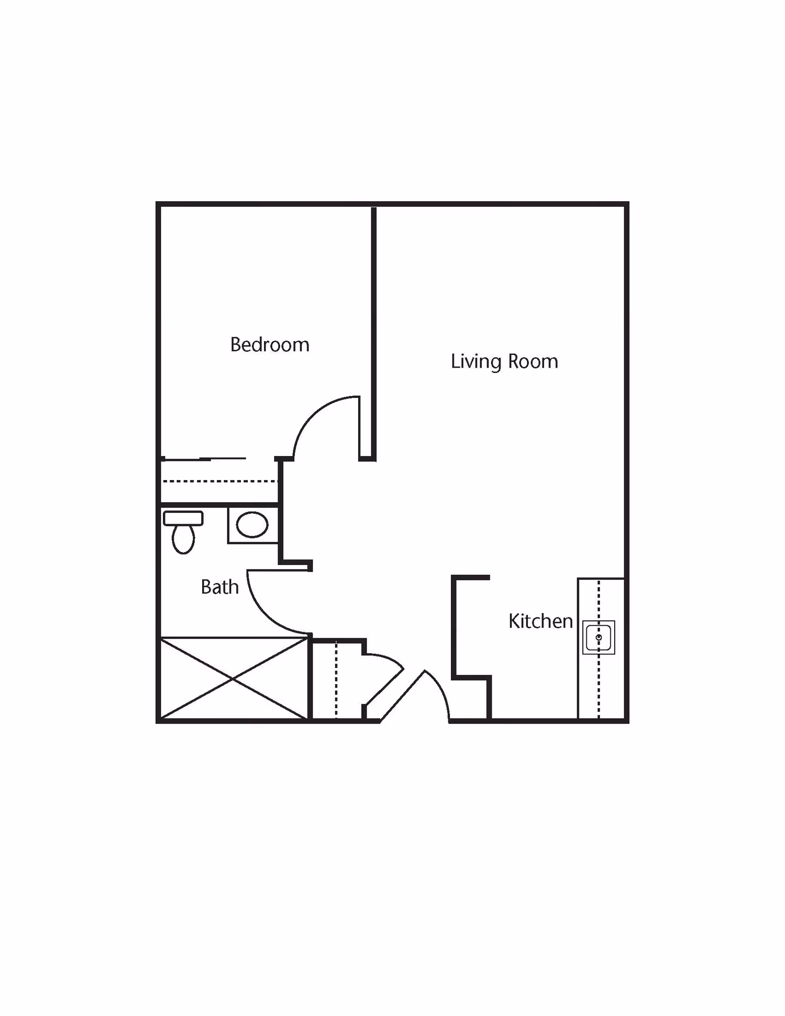 Floor plan layout showing a one-bedroom apartment with a bedroom, living room, kitchen, and bathroom.