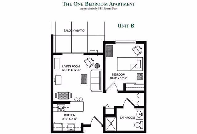Black-and-white floor plan of a one-bedroom apartment (Unit B) showing a living room, kitchen, bedroom, bathroom and balcony/patio, approximately 538 square feet.