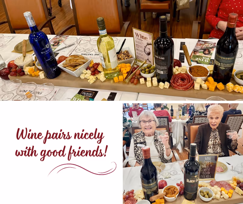 A collage image showing a table set with bottles of wine, cheese, crackers, grapes, olives, nuts, and charcuterie. The top part of the image focuses on the food and wine display, while the bottom right shows two elderly women sitting at the table, smiling and holding glasses. The bottom left has text that reads 'Wine pairs nicely with good friends!'
