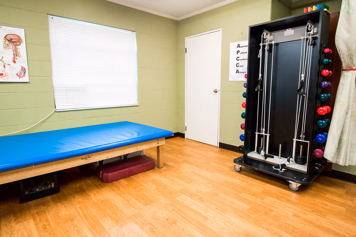 A rehabilitation room with a blue padded therapy table, a wall-mounted anatomical chart of the human head and neck, a door, and a black exercise machine with colorful weights on the sides. The room has light green walls and wood flooring.