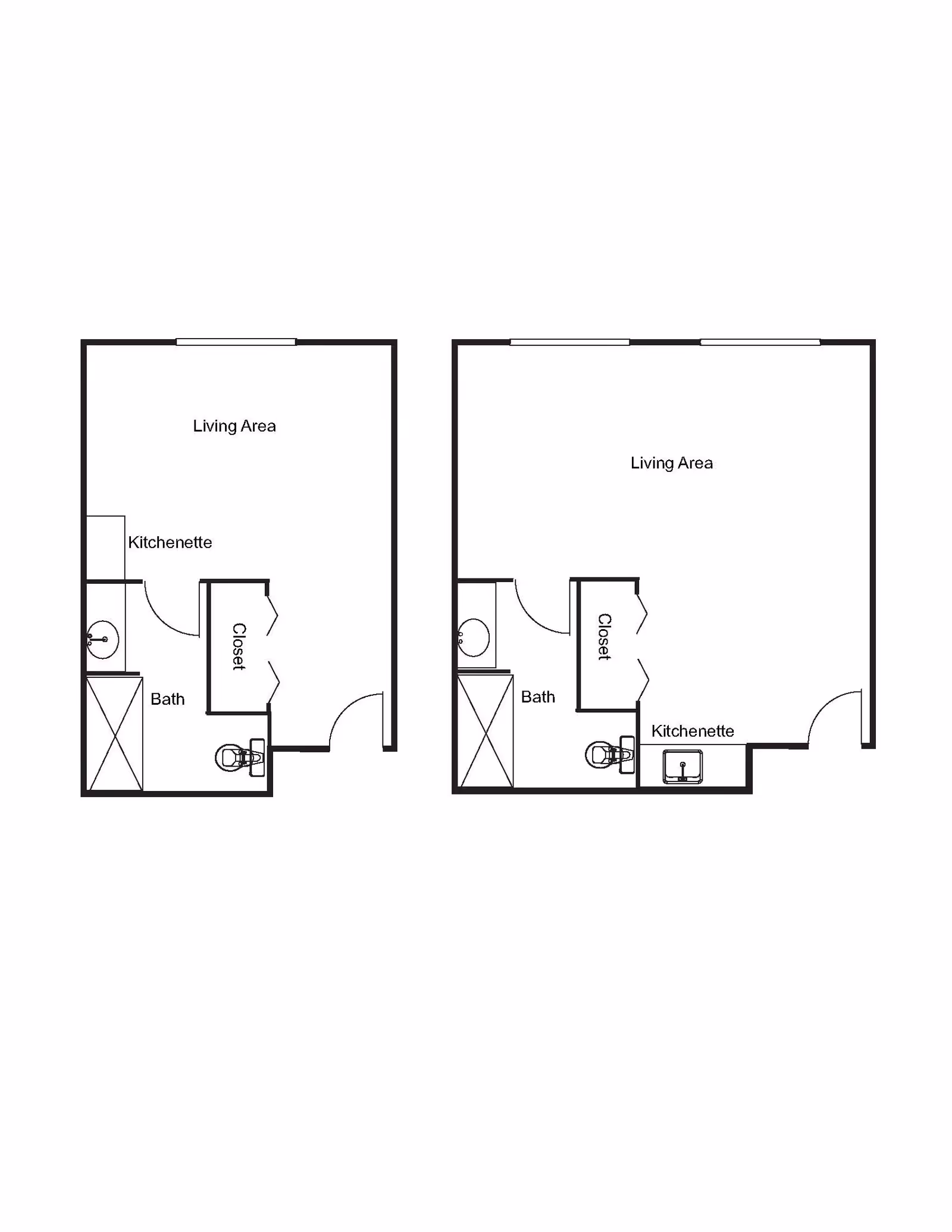 Two black and white architectural floor plans side by side, each showing a living area, kitchenette, bath, and closet. The left floor plan has the kitchenette and bath on the left side, while the right floor plan has the kitchenette on the bottom right and bath on the left side.